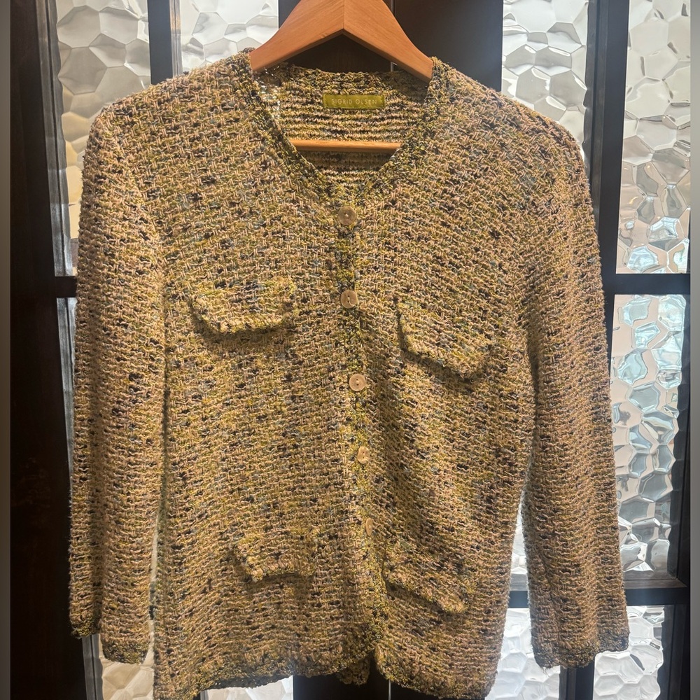 Sigrid Olsen sweater cardigan green white vintage medium crochet variegated